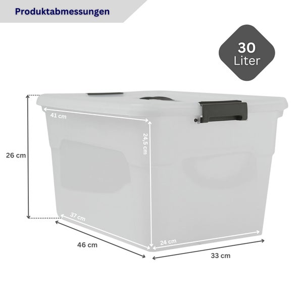 Abmessungen einer transparenten 30 Liter Aufbewahrungsbox mit Deckel