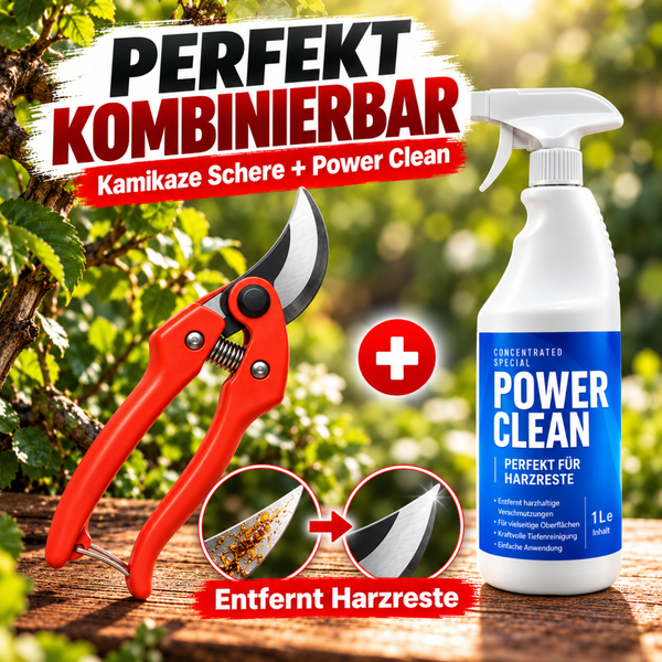 Gartenschere und Power Clean Reiniger zum Entfernen von Harzresten an Klingen auf einer Holzoberfläche im Garten.