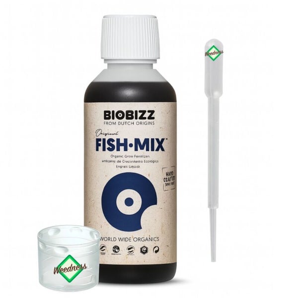 Biobizz Fish-Mix organischer Wachstumsdünger in einer Flasche mit Pipette und Messbecher