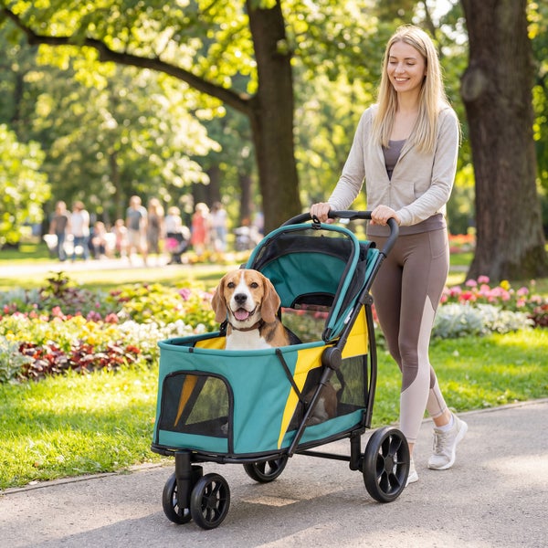 Frau schiebt einen Beagle in einem Hundebuggy durch eine Parkanlage mit Blumenbeeten.