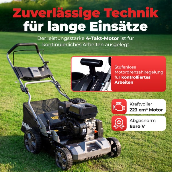 Benzin-Vertikutierer auf Rasen mit 223 Kubikzentimeter 4-Takt-Motor, stufenloser Motordrehzahlregelung und Euro V Abgasnorm.