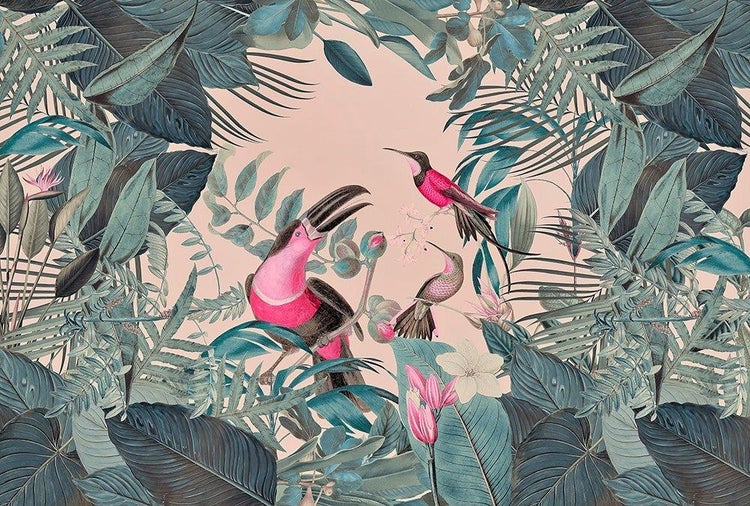 Fototapete mit Dschungelmotiv, Tukan, Kolibris und tropischen Blättern.