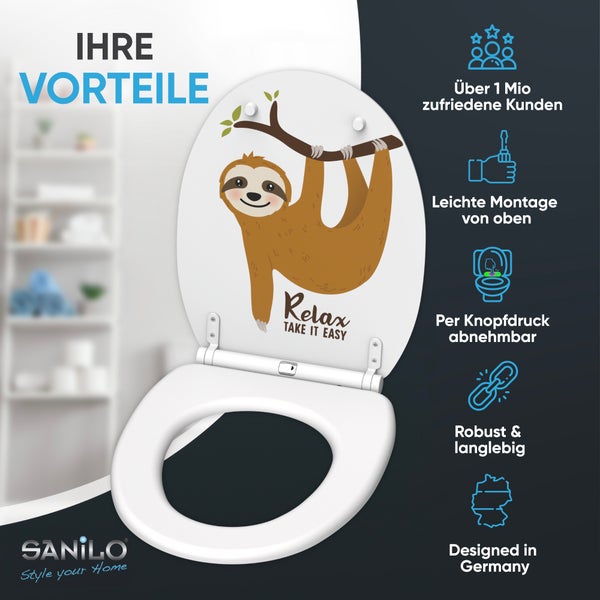 Sanilo WC Sitz mit Faultier Motiv und Relax Schriftzug. Der Toilettensitz bietet eine leichte Montage, Absenkautomatik und ist abnehmbar.