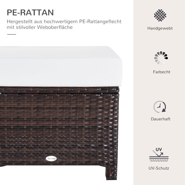 Outsunny Poly Rattan Hocker mit Kissen, Gartenhocker, 50 x 50 x 35 cm, Stahl+PE-Rattan-Geflecht+Polyester, Braun+Cremeweiß