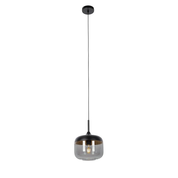 Moderne Hängeleuchte mit schwarzem Metallbaldachin, langem Kabel und einem Lampenschirm aus Metall und Glas.