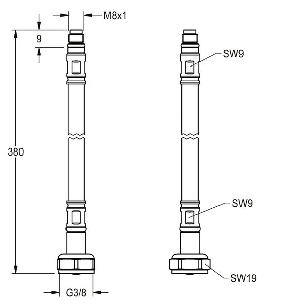 Technische Zeichnung eines flexiblen Anschlussschlauchs mit Gewindeanschluss M8 mal 1 und G 3/8 Zoll sowie 380 Millimeter Länge