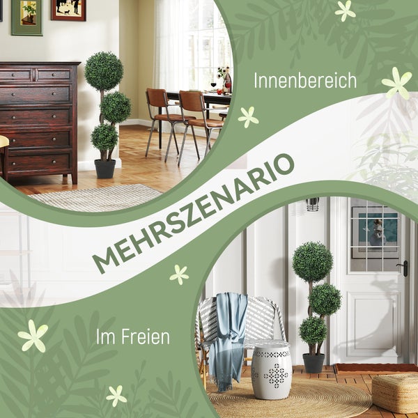 Künstlicher Buchsbaum mit drei Kugeln im schwarzen Topf, geeignet für den Innenbereich und Außenbereich.