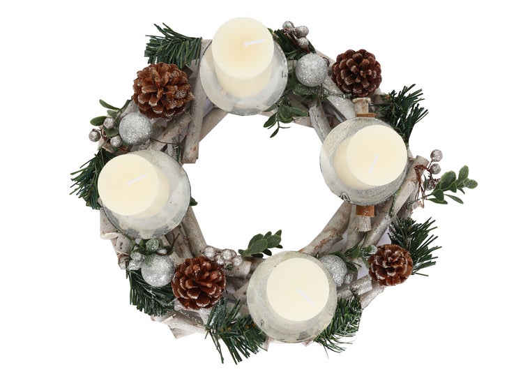 Adventskranz mit vier Kerzen, Tannenzweigen und Zapfen