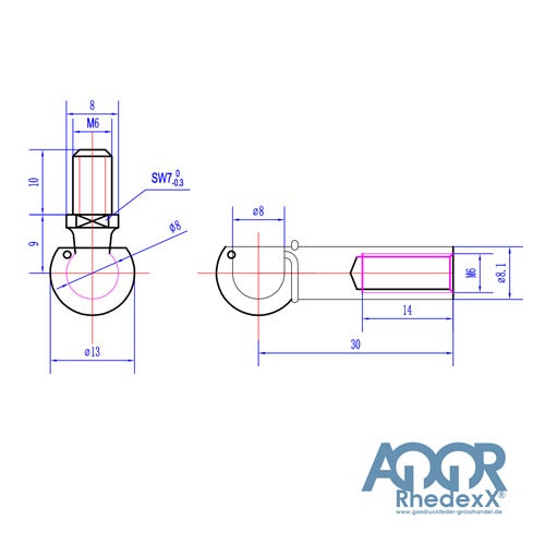 Gasdruckfeder Kugelkopf Zubehör M6 30mm M6 Kugelzapfen Ø8mm