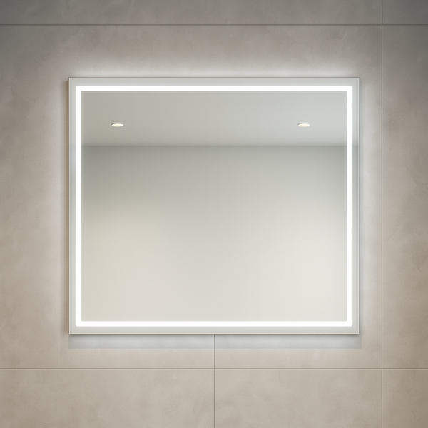Quadratischer Wandspiegel mit integrierter LED Beleuchtung für Badezimmer