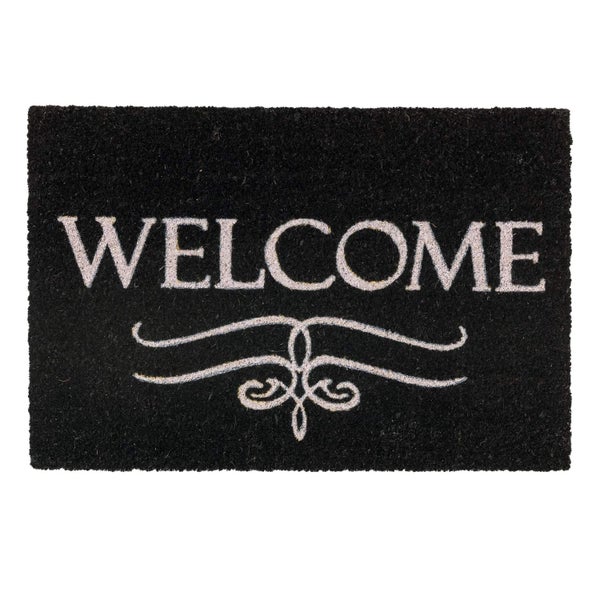 Schwarze Fußmatte mit der Aufschrift Willkommen