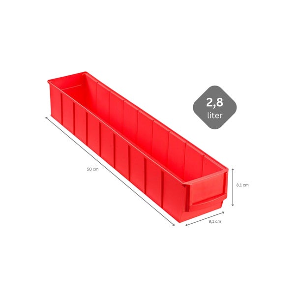 PROREGAL Rote Industriebox 500 S HxBxT 8,1 x 9,1 x 50 cm 2,8 Liter Sichtlagerkasten Sortimentskasten Sortimentsbox Kleinteilebox