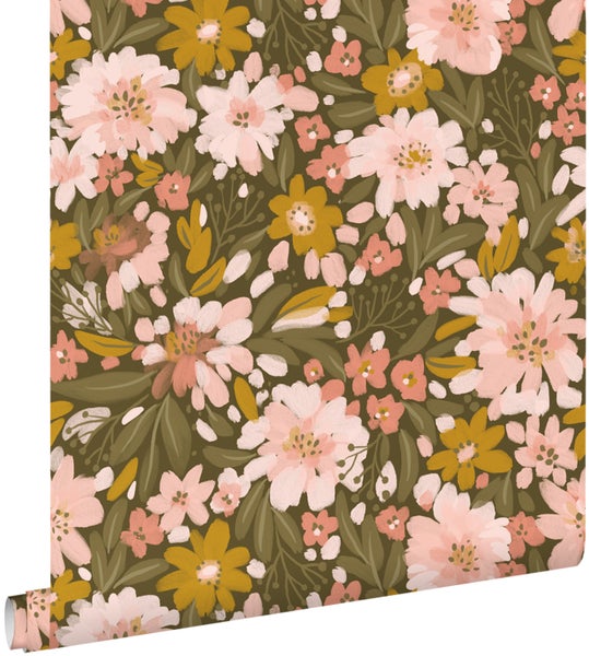 ESTAhome Tapete Blumen Olivgrün, Hellrosa und Ockergelb - 50 x 900 cm - 130928