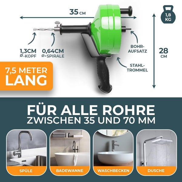 Rohrreinigungsgerät mit Bohraufsatz, Stahltrommel und einer Länge von 7,5 Meter, geeignet für Rohre zwischen 35 und 70 Millimeter für Spüle, Badewanne, Waschbecken und Dusche.