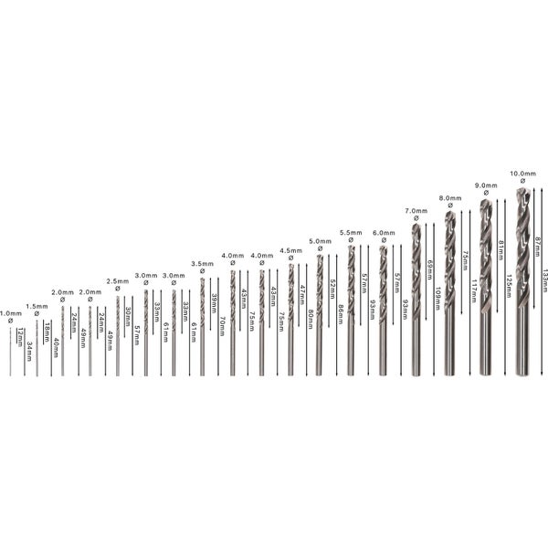 Verschiedene Spiralbohrer mit Größenangaben