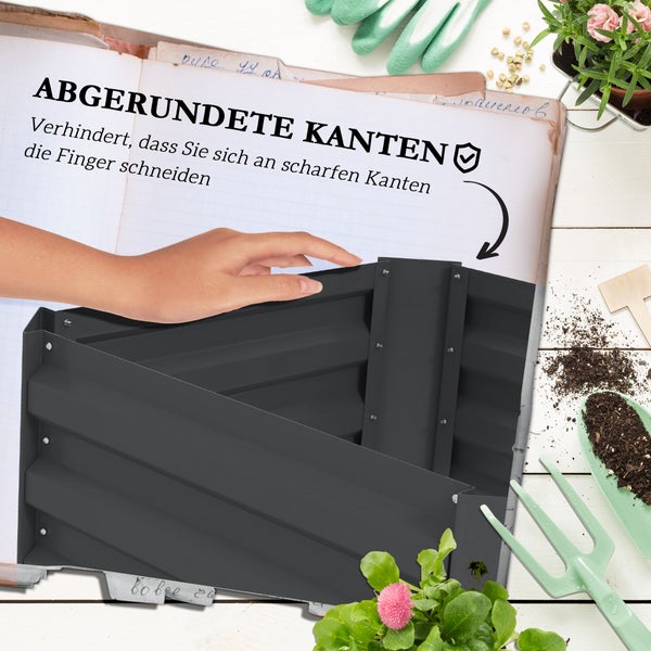 Hand berührt die abgerundeten Kanten eines Metall Hochbeets zur Sicherheit gegen Schnittverletzungen.