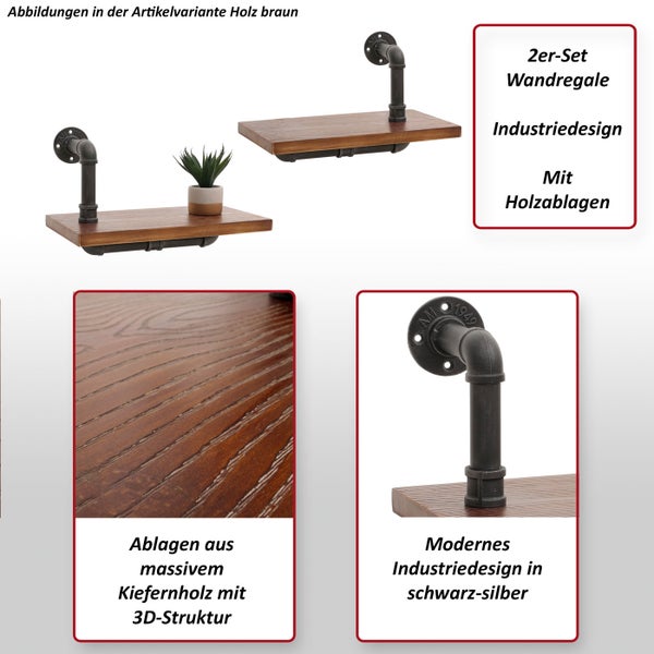 Zweiteiliges Wandregal im Industriedesign mit Holzablagen aus Kiefernholz mit 3D-Struktur und Metallelementen in Schwarz-Silber