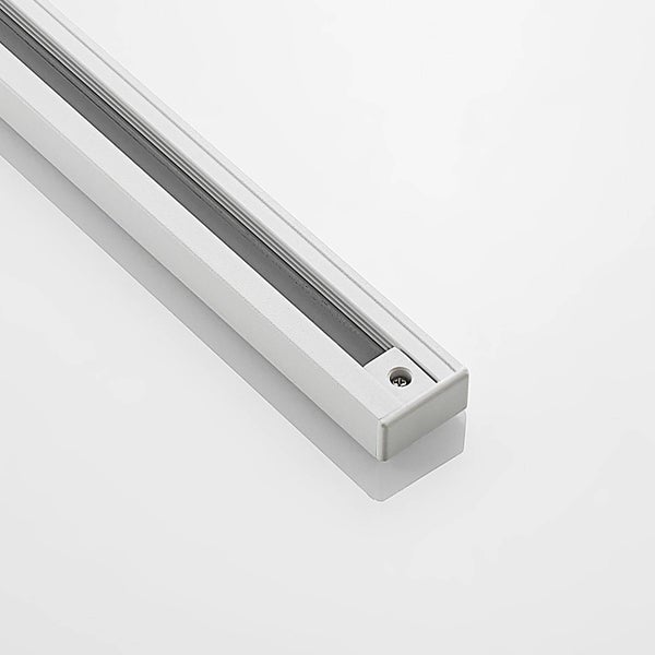 Weiße Stromschiene aus Metall für Schienensysteme mit Endkappe und Schraube.