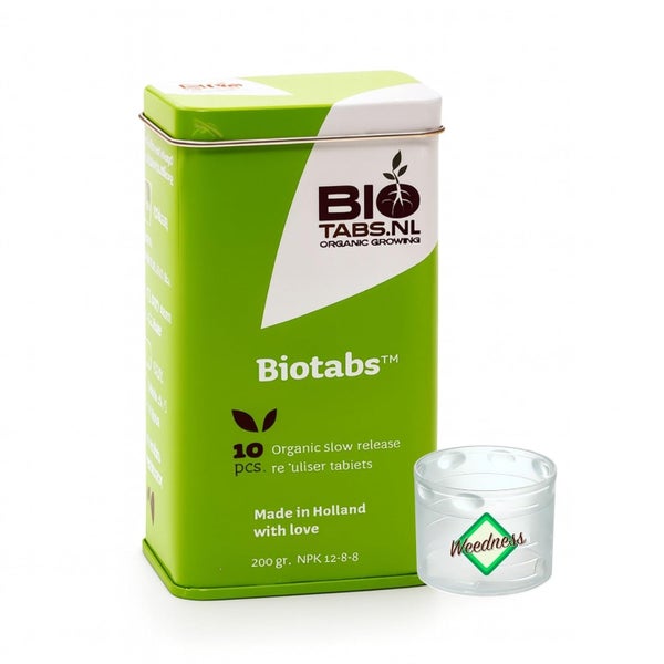 Biotabs Bio-Langzeitdünger Tabletten, 10 Stück, 200 Gramm, NPK 12-8-8, Metalldose und Messbecher.