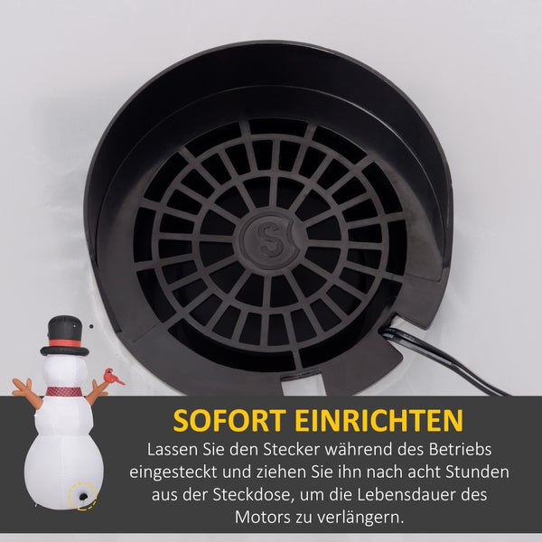 Integriertes Gebläse für aufblasbaren Schneemann mit Hinweis zur Begrenzung der Laufzeit auf acht Stunden zur Verlängerung der Motorlebensdauer.