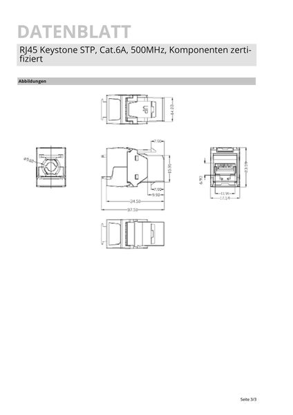 Technische Zeichnung eines RJ45 Keystone Moduls STP Cat.6A 500MHz mit Maßangaben aus verschiedenen Perspektiven.