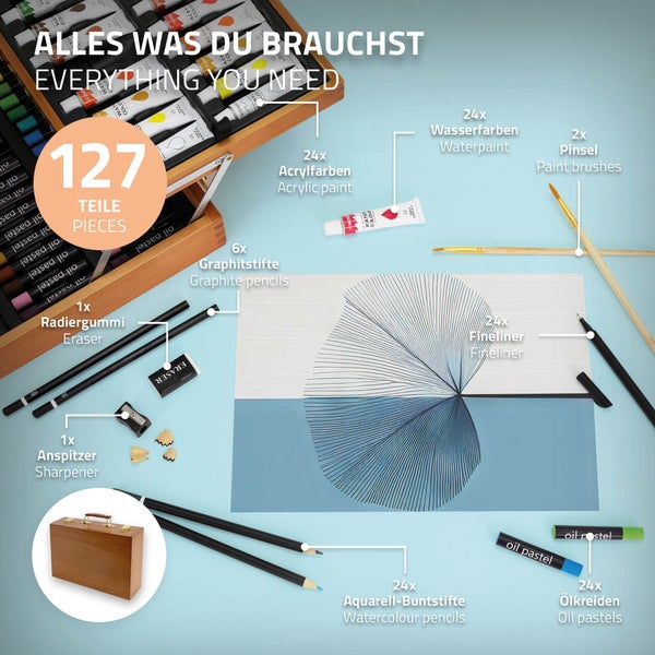 ECD Germany 127-Teiliges Malset mit Holzkoffer, Malkoffer für Kinder, XXL Malkasten, Kunst- und Zeichenset, Acrylfarben Aquarellfarben Buntstifte Pastellstifte Fineliner Bleistifte Pastell & Zubehör