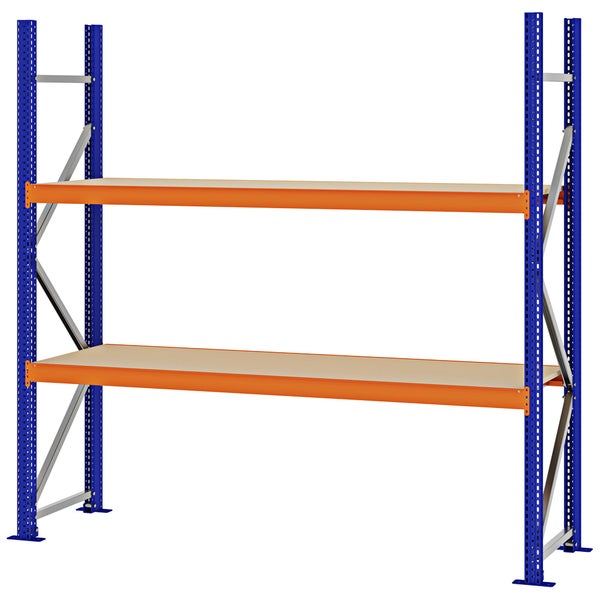 Schwerlastregal mit zwei Ebenen, blauem Stahlrahmen, orangefarbenen Traversen und Holzböden.