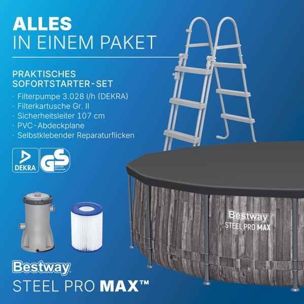 Bestway Steel Pro Max Pool-Set mit Filterpumpe, Filterkartusche, Sicherheitsleiter und Abdeckplane. Bestway Logo. DEKRA Logo. GS Siegel.