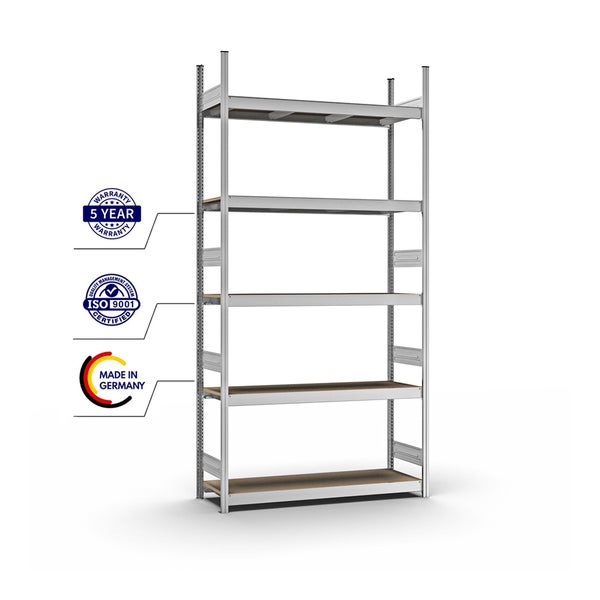 PROREGAL Weitspannregal Stecksystem T-Profil Grundregal HxBxT 300x150x40 cm 5 Ebenen Spanplatten Fachboden Fachlast 350 kg Verzinkt