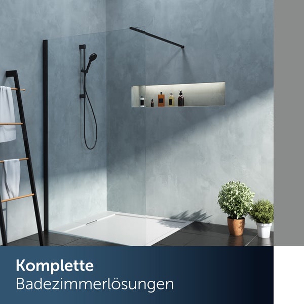 Komplette Badezimmerlösung mit Dusche, Handtuchhalter und Ablagefach.