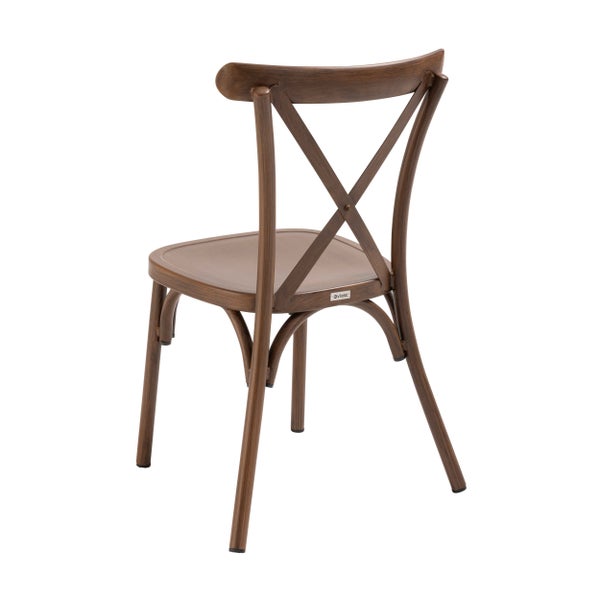 Bistrostuhl von Oviala mit Kreuzrueckenlehne in Holzoptik. Rueckansicht. Oviala Logo.