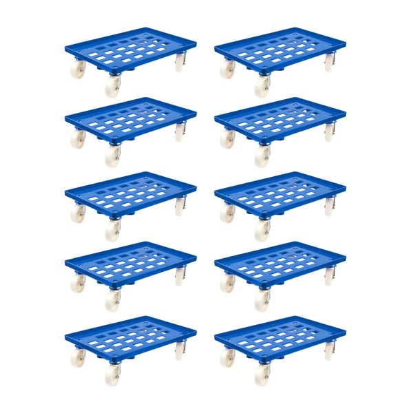 PROREGAL SparSet 10x Transportroller für Euroboxen 60 x 40 cm mit Kunststoffräder Blau Gitter/Rasterdeck 4 Lenkrollen Traglast 300 kg
