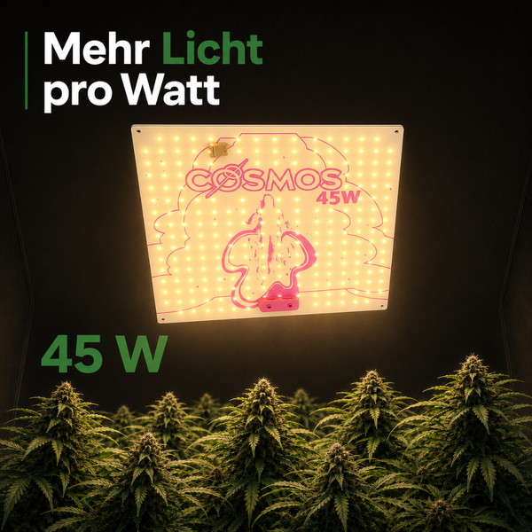 LED-Pflanzenlampe Cosmos 45 Watt über grünen Pflanzen mit dem Cosmos Logo und dem Text Mehr Licht pro Watt.