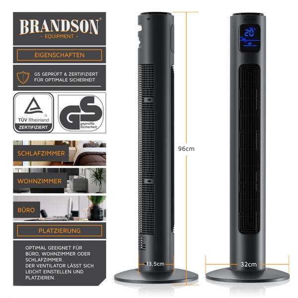 Brandson Turmventilator mit Fernbedienung 96 cm, Säulenventilator leise, Standventilator mit Oszilation 60°, 3 Geschwindigkeiten 4 Lüftungsmodi Timer
