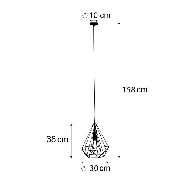 Technische Zeichnung einer Pendelleuchte mit den Maßen 158 cm Höhe, 30 cm Durchmesser und 38 cm Lampenschirmhöhe.