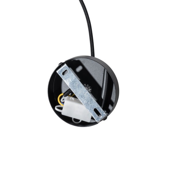 Innenansicht eines schwarzen Deckenbaldachins mit Metallhalterung und Anschlussklemme für Lampen.