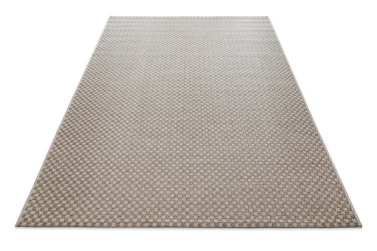 Beige und weiß melierter Flachwebteppich mit strukturierter Oberfläche.