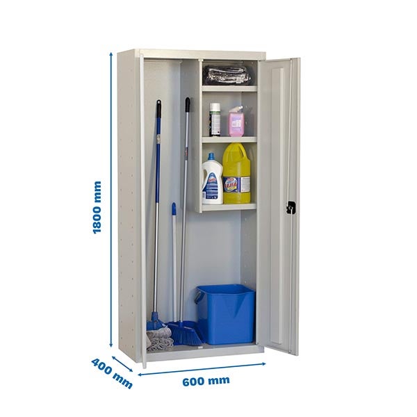 Putzmittelschrank mit Reinigungsmitteln und Geräten, Abmessungen 1800 x 600 x 400 mm