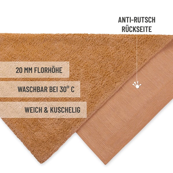 Badematte mit 20 Millimeter Florhöhe, waschbar bei 30 Grad Celsius, weicher Oberfläche und rutschhemmender Rückseite.