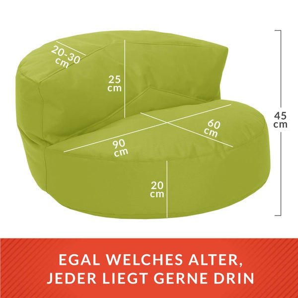 Green Bean Sitzsack Sofa mit Füllmaterial - Lounge im Sitzsack-Design 90x50cm mit ergonomischer Rückenlehne & waschbarem Bezug - Indoor und Outdoor geeignet in Grün