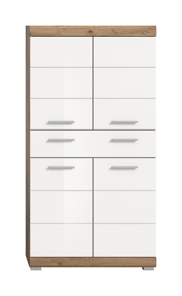 Modernes Highboard mit weißen Hochglanzfronten, Korpus in Holzoptik und sechs silberfarbenen Griffen.