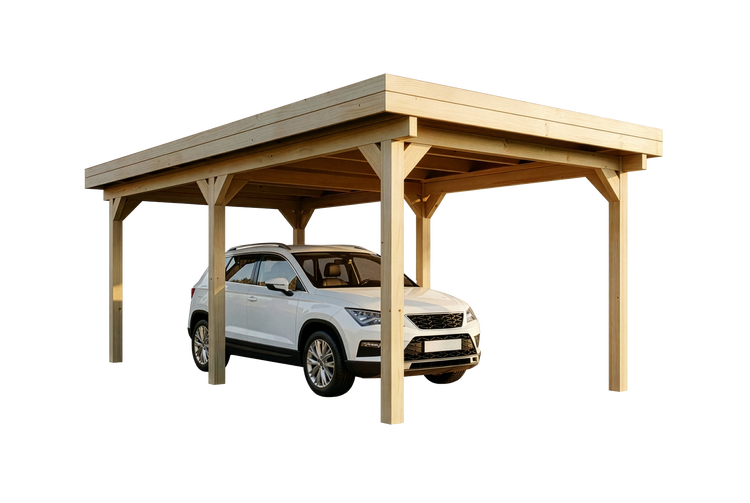 Einzel-Carport aus Holz mit Flachdach und einem darunter geparkten weißen SUV.