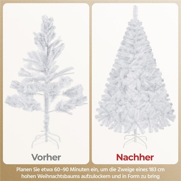 Vorher-Nachher-Ansicht eines weißen Weihnachtsbaums vor und nach dem Aufrichten der Zweige