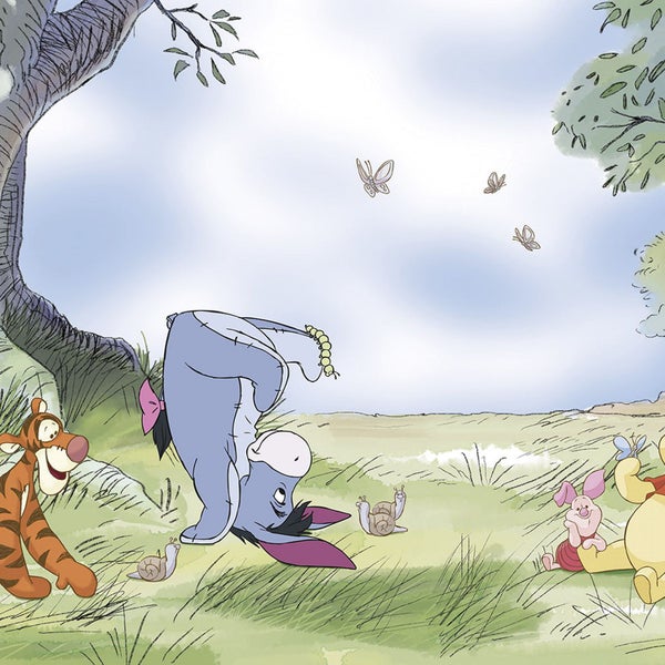 Illustration von Winnie Puuh, Ferkel, I-Aah und Tigger im Garten