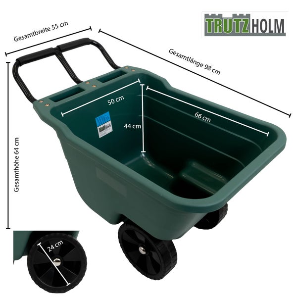 Tragbare Schubkarre mit den Maßen 55 x 98 x 64 Zentimeter und einem Raddurchmesser von 24 Zentimetern.