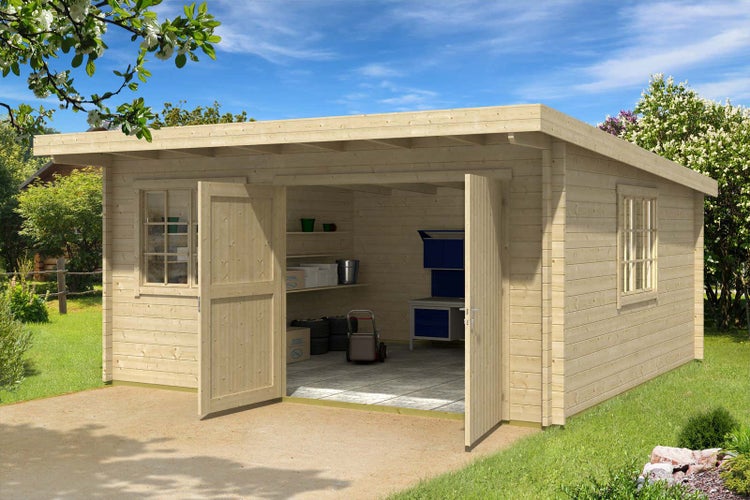 Alpholz Einzelgarage 44-C Garage aus Holz in natur, Unterstellplatz mit 44 mm Wandstärke, Fertiggarage mit Montagematerial imprägniert 5,1x5,3m