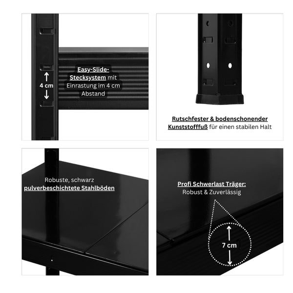 PROREGAL Mega Deal 4x Profi Schwerlastregal Metallböden HERCULES schwarz 60cm tief,  200x200x60cm, 4 Stahlplatten-Ebenen, Fachlast 400kg, Regalsystem Metallregal Lagerregal Steckregal Regal