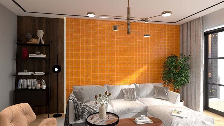 Wohnzimmer mit orangefarbenen Fliesen, Sofa und Regal