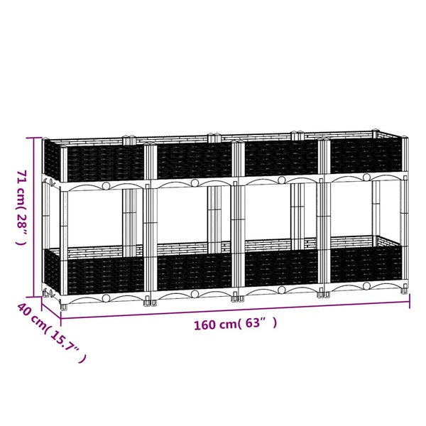 Hochbeet aus Polyrattan mit zwei Etagen, Maße: Länge 160 Zentimeter, Breite 40 Zentimeter, Höhe 71 Zentimeter.