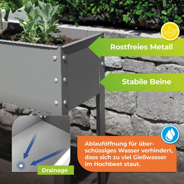 Hochbeet aus rostfreiem Metall mit stabilen Beinen und integrierter Ablauföffnung für die Drainage von überschüssigem Gießwasser.